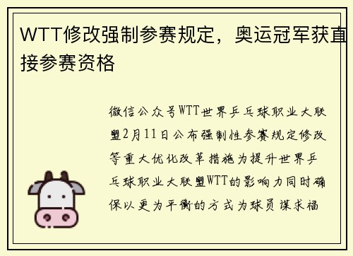 WTT修改强制参赛规定，奥运冠军获直接参赛资格