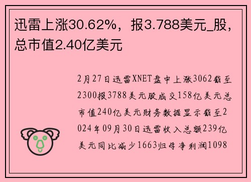 迅雷上涨30.62%，报3.788美元_股，总市值2.40亿美元