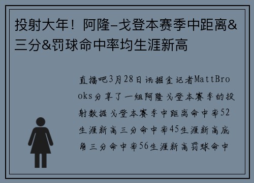 投射大年！阿隆-戈登本赛季中距离&三分&罚球命中率均生涯新高