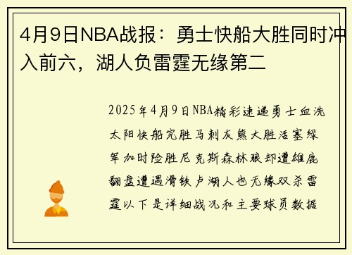 4月9日NBA战报：勇士快船大胜同时冲入前六，湖人负雷霆无缘第二