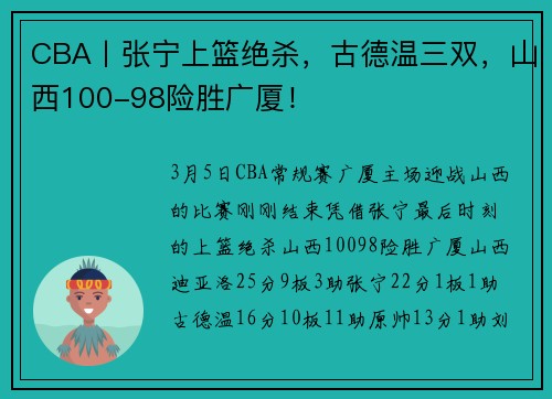 CBA丨张宁上篮绝杀，古德温三双，山西100-98险胜广厦！